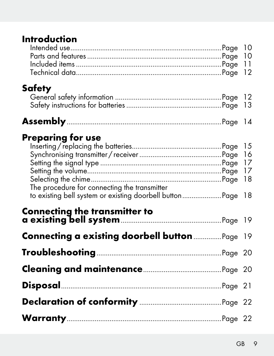 Introduction, Safety, Assembly | Preparing for use, Connecting a existing doorbell button, Troubleshooting, Cleaning and maintenance, Disposal, Declaration of conformity, Warranty | Silvercrest 104412-14-01/104412-14-02 User Manual | Page 9 / 99