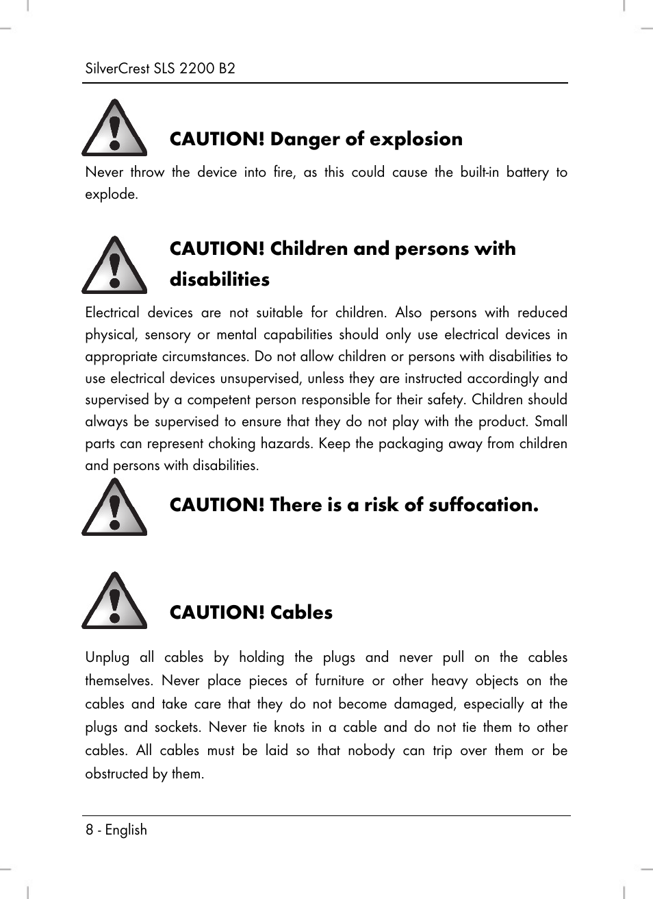 Caution! danger of explosion, Caution! children and persons with disabilities, Caution! there is a risk of suffocation | Caution! cables | Silvercrest SLS 2200 B2 User Manual | Page 10 / 106