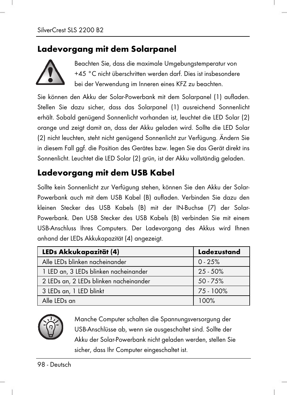 Ladevorgang mit dem solarpanel, Ladevorgang mit dem usb kabel | Silvercrest SLS 2200 B2 User Manual | Page 100 / 106