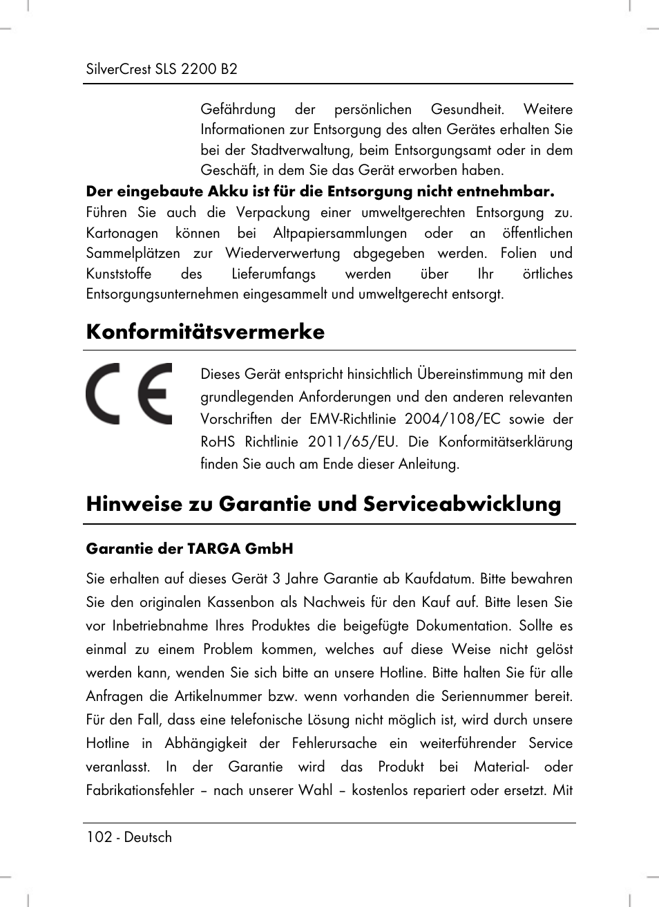 Konformitätsvermerke, Hinweise zu garantie und serviceabwicklung | Silvercrest SLS 2200 B2 User Manual | Page 104 / 106