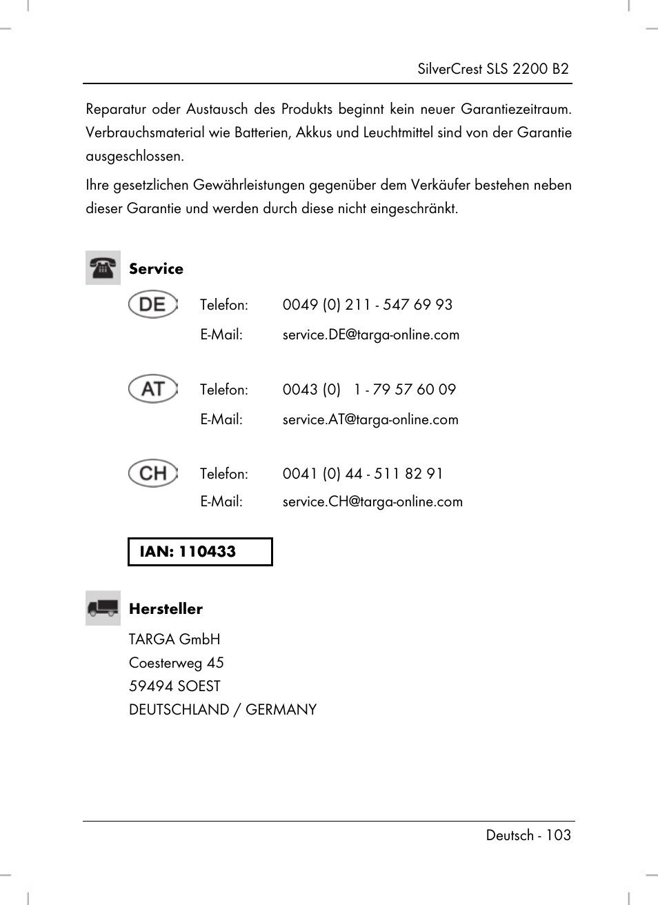 Silvercrest SLS 2200 B2 User Manual | Page 105 / 106