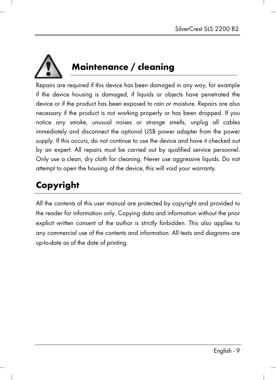 Maintenance / cleaning, Copyright | Silvercrest SLS 2200 B2 User Manual | Page 11 / 106