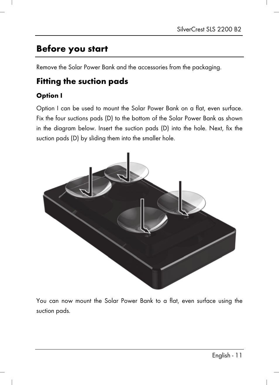 Before you start, Fitting the suction pads | Silvercrest SLS 2200 B2 User Manual | Page 13 / 106