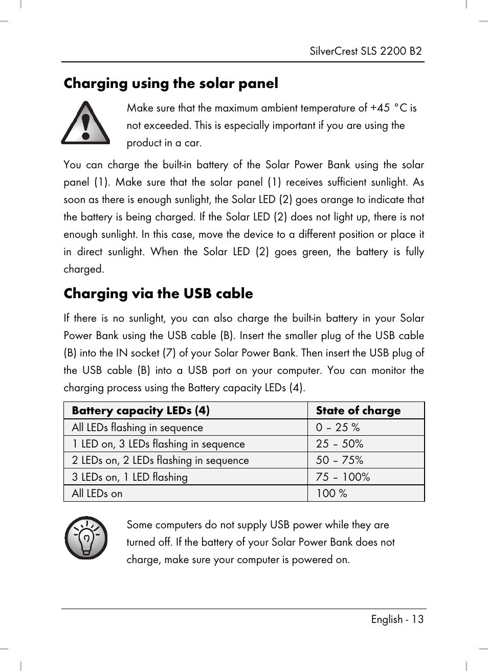 Charging using the solar panel, Charging via the usb cable | Silvercrest SLS 2200 B2 User Manual | Page 15 / 106