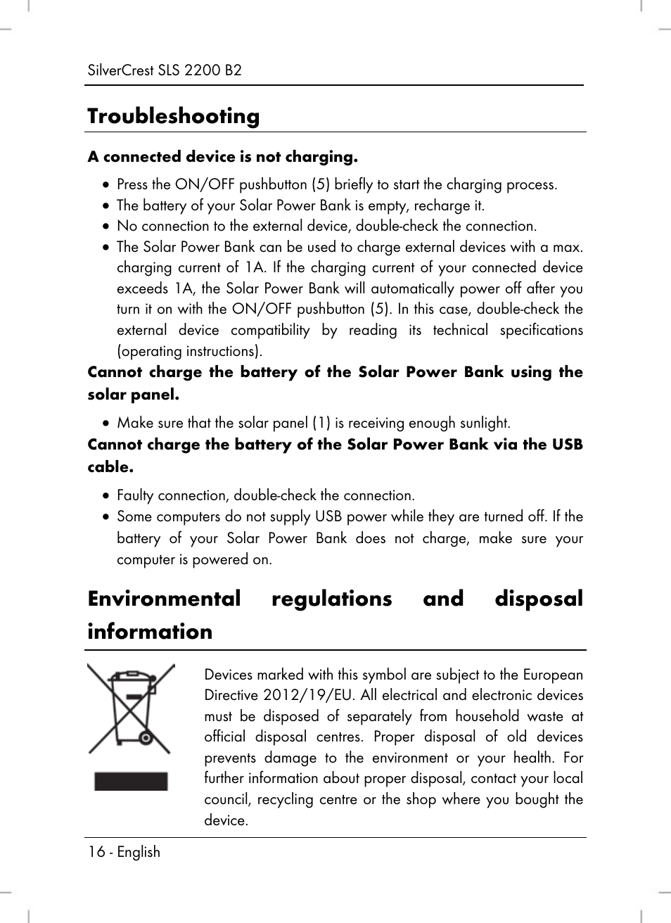 Troubleshooting, Environmental regulations and disposal information | Silvercrest SLS 2200 B2 User Manual | Page 18 / 106