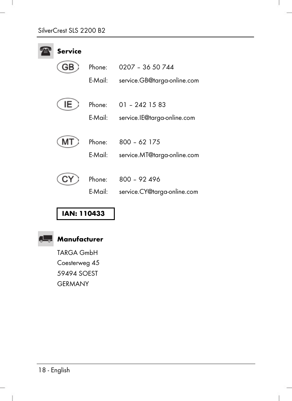 Silvercrest SLS 2200 B2 User Manual | Page 20 / 106