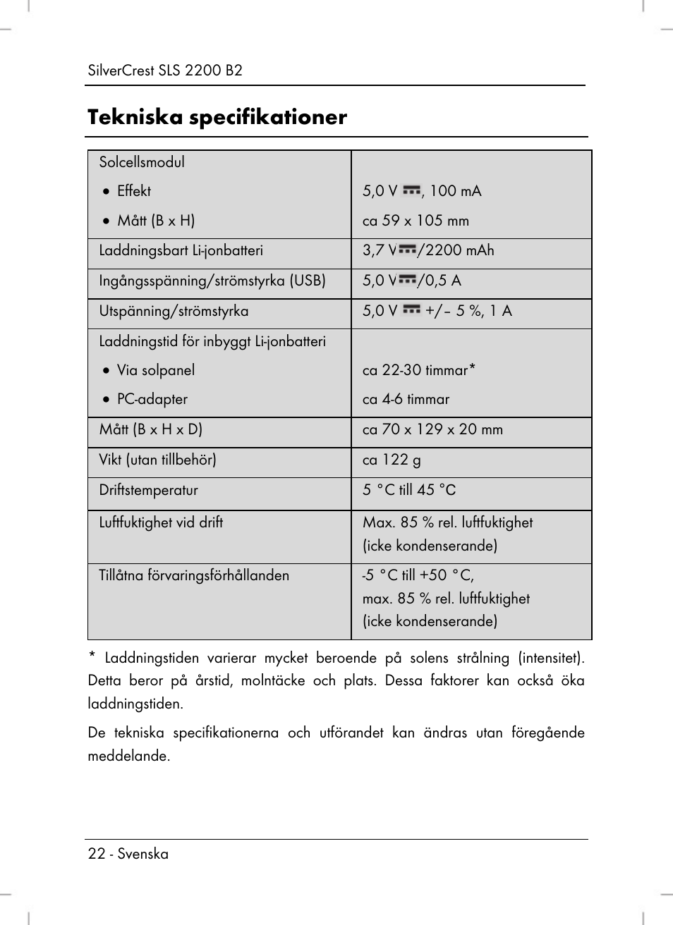 Tekniska specifikationer | Silvercrest SLS 2200 B2 User Manual | Page 24 / 106