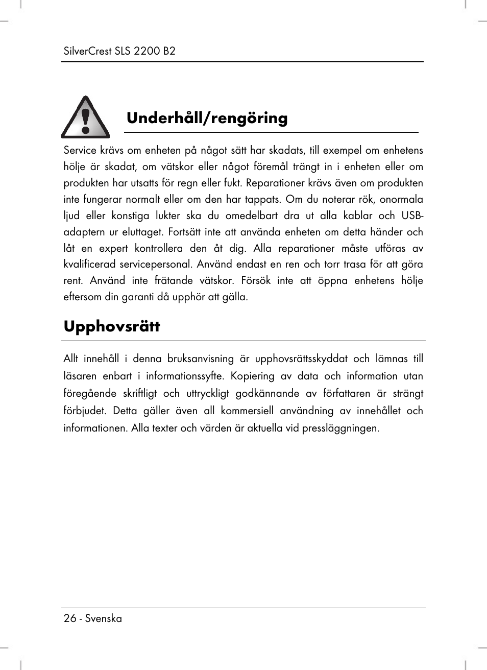 Underhåll/rengöring, Upphovsrätt | Silvercrest SLS 2200 B2 User Manual | Page 28 / 106