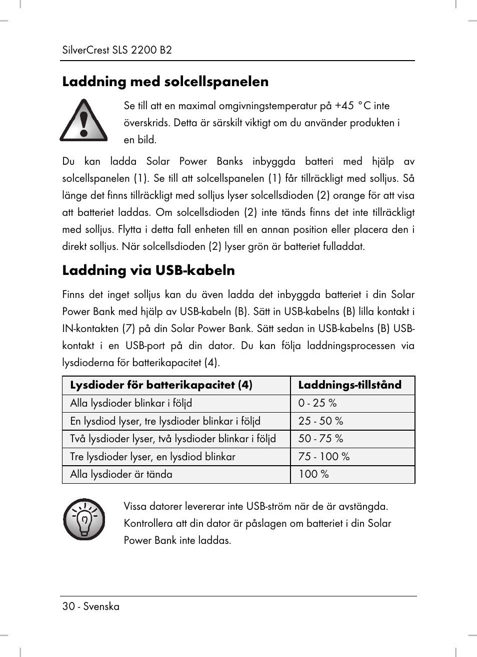 Laddning med solcellspanelen, Laddning via usb-kabeln | Silvercrest SLS 2200 B2 User Manual | Page 32 / 106