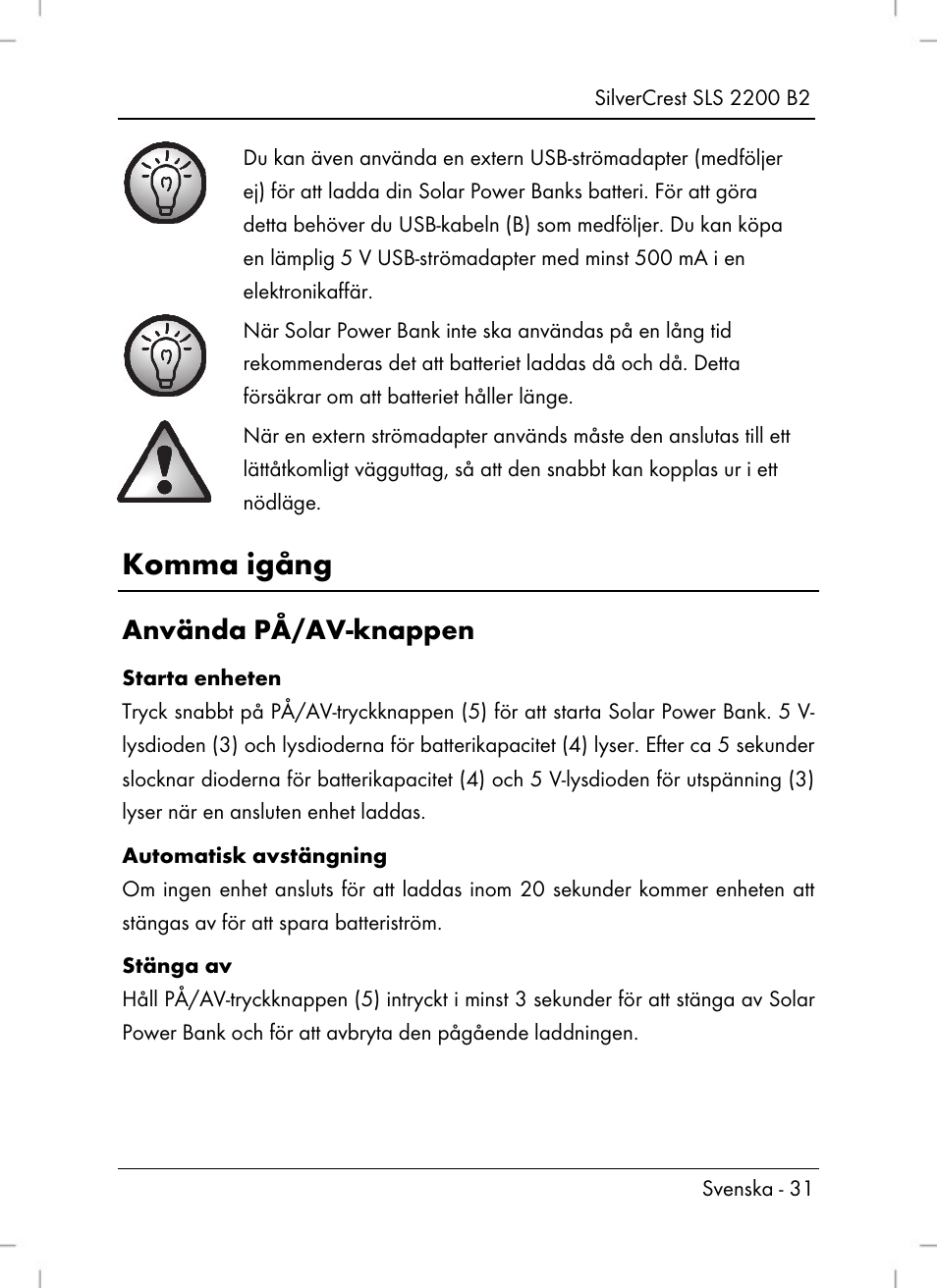 Komma igång, Använda på/av-knappen | Silvercrest SLS 2200 B2 User Manual | Page 33 / 106