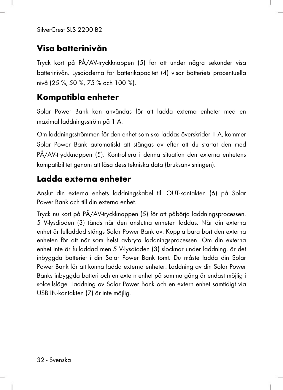 Visa batterinivån, Kompatibla enheter, Ladda externa enheter | Silvercrest SLS 2200 B2 User Manual | Page 34 / 106