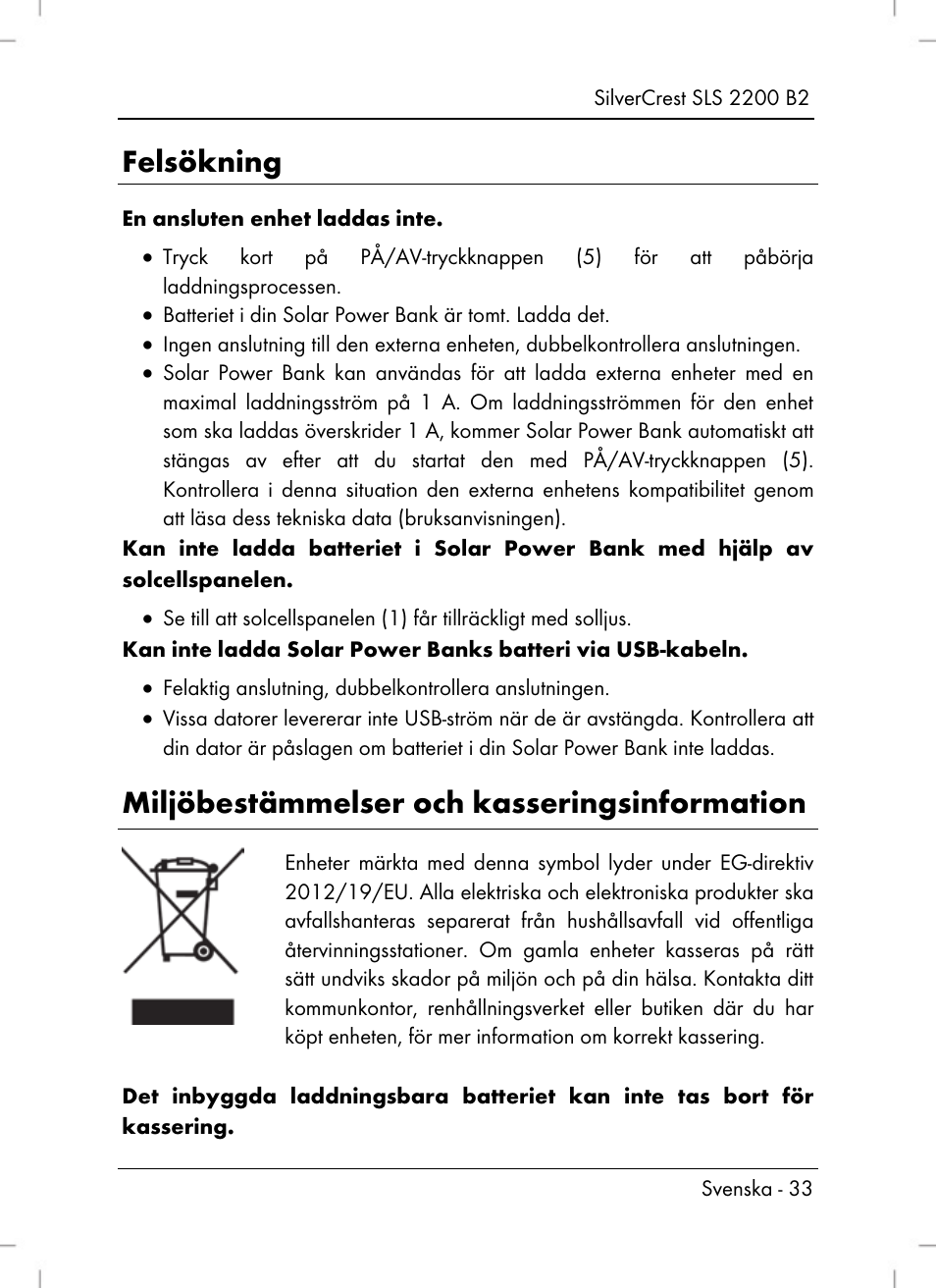 Felsökning, Miljöbestämmelser och kasseringsinformation | Silvercrest SLS 2200 B2 User Manual | Page 35 / 106