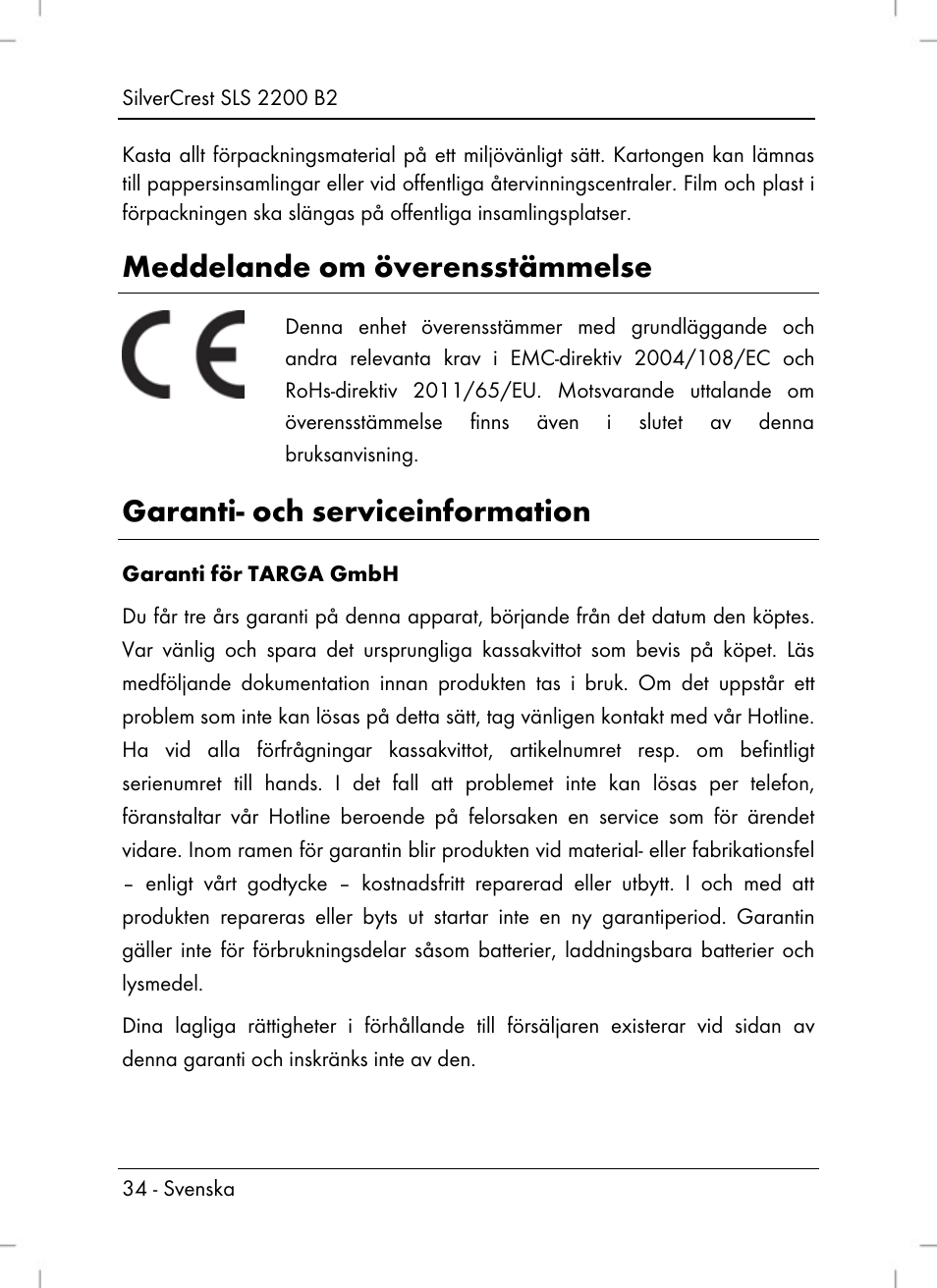 Meddelande om överensstämmelse, Garanti- och serviceinformation | Silvercrest SLS 2200 B2 User Manual | Page 36 / 106