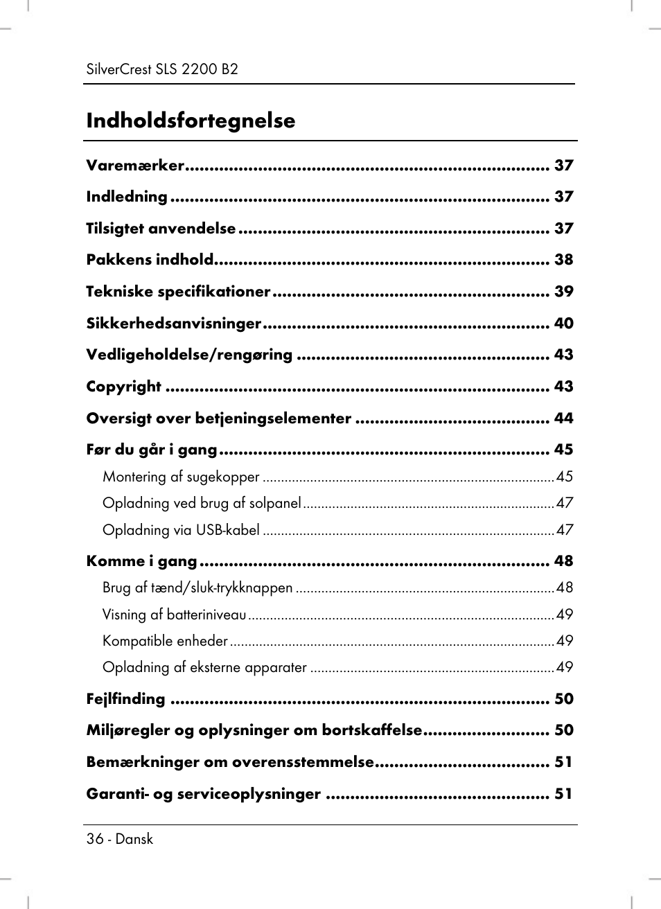 Indholdsfortegnelse | Silvercrest SLS 2200 B2 User Manual | Page 38 / 106