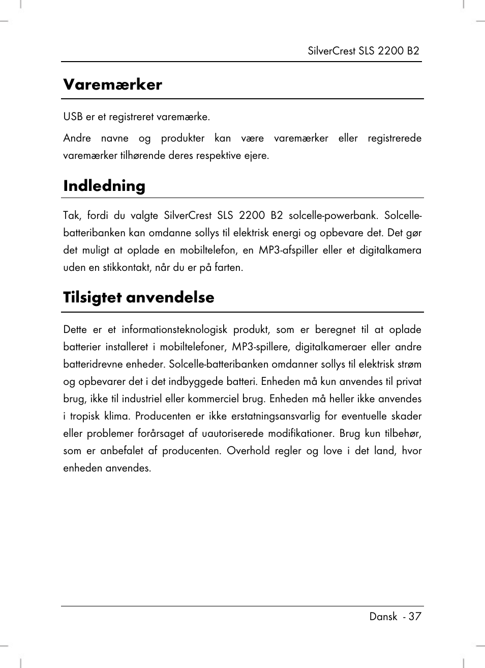 Varemærker, Indledning, Tilsigtet anvendelse | Silvercrest SLS 2200 B2 User Manual | Page 39 / 106