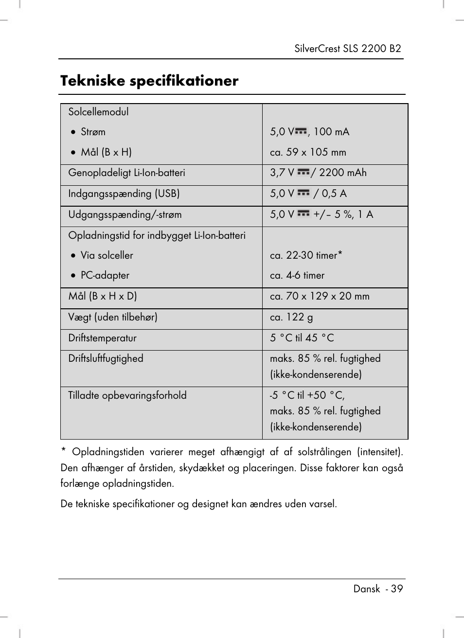 Tekniske specifikationer | Silvercrest SLS 2200 B2 User Manual | Page 41 / 106