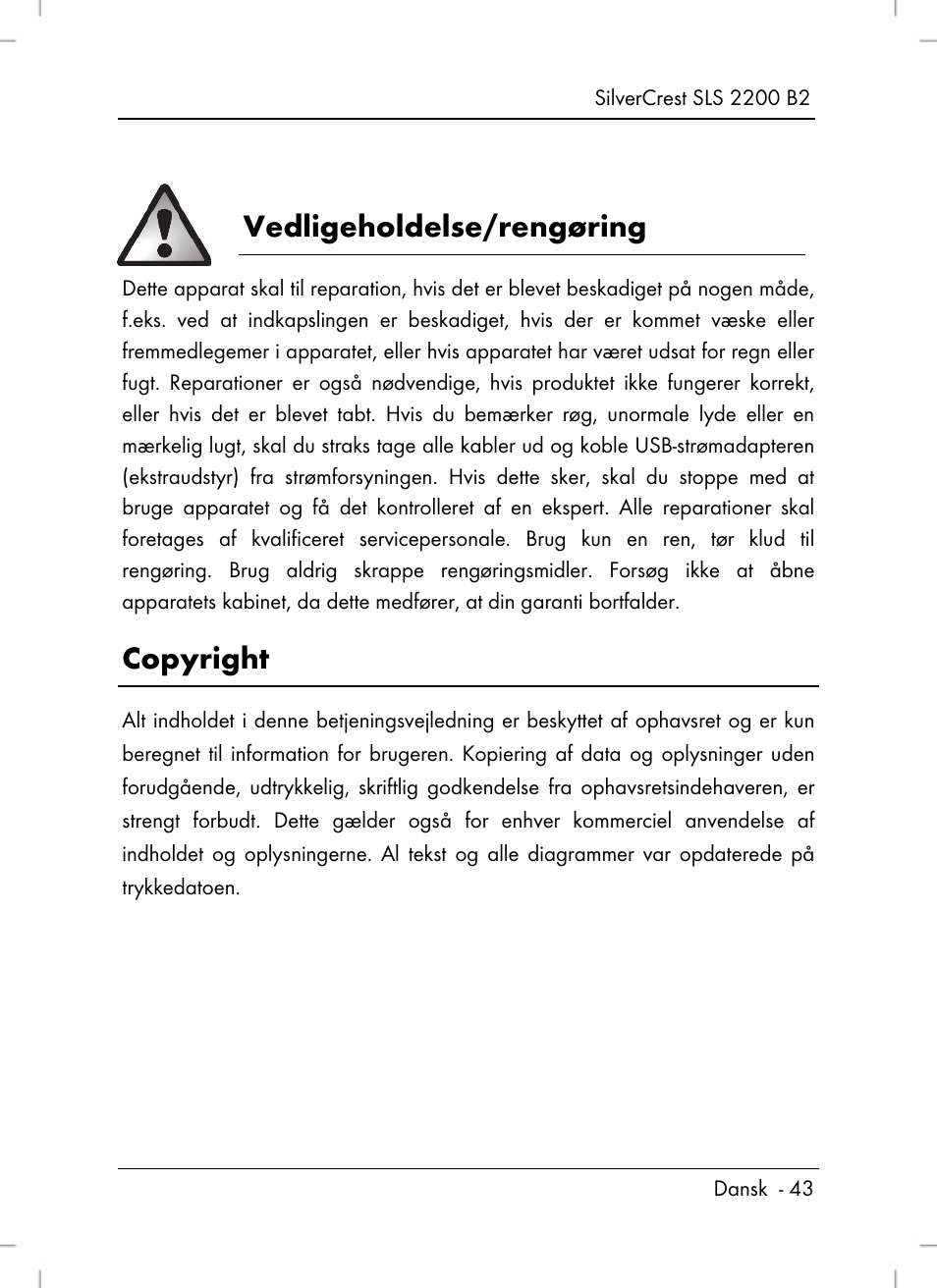 Vedligeholdelse/rengøring, Copyright | Silvercrest SLS 2200 B2 User Manual | Page 45 / 106