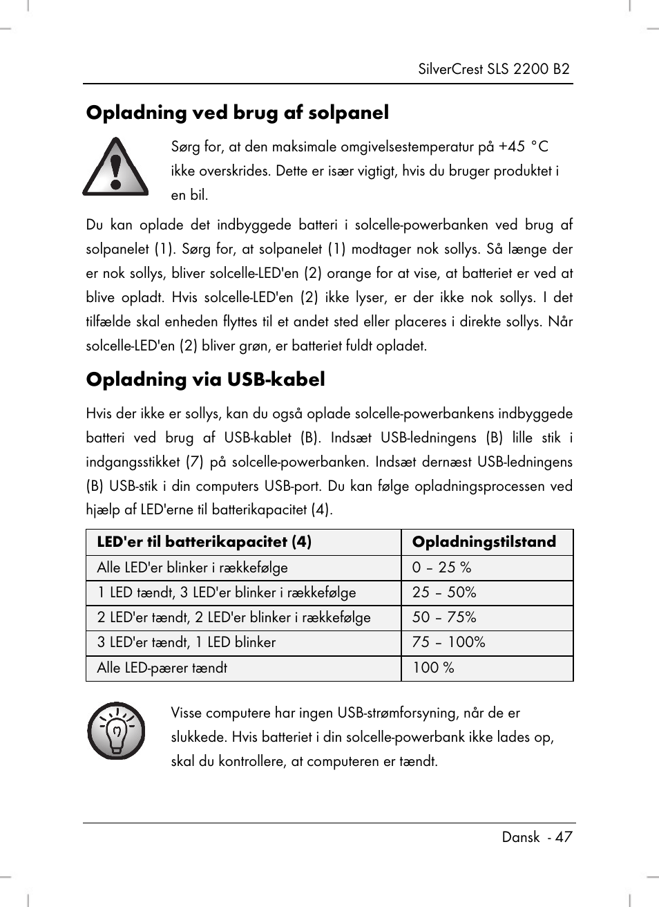 Opladning ved brug af solpanel, Opladning via usb-kabel | Silvercrest SLS 2200 B2 User Manual | Page 49 / 106