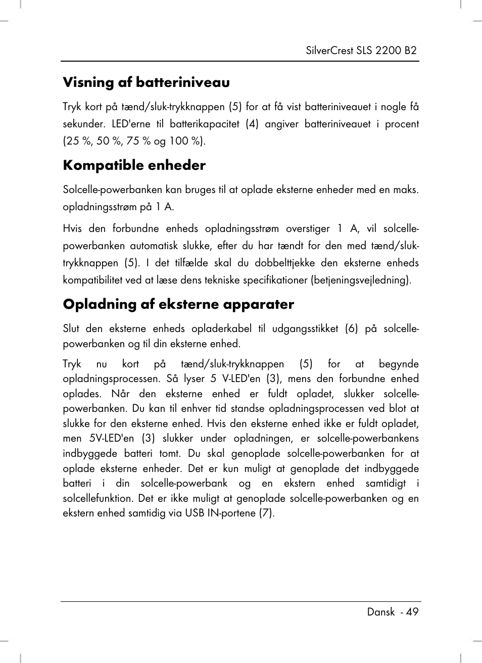 Visning af batteriniveau, Kompatible enheder, Opladning af eksterne apparater | Silvercrest SLS 2200 B2 User Manual | Page 51 / 106