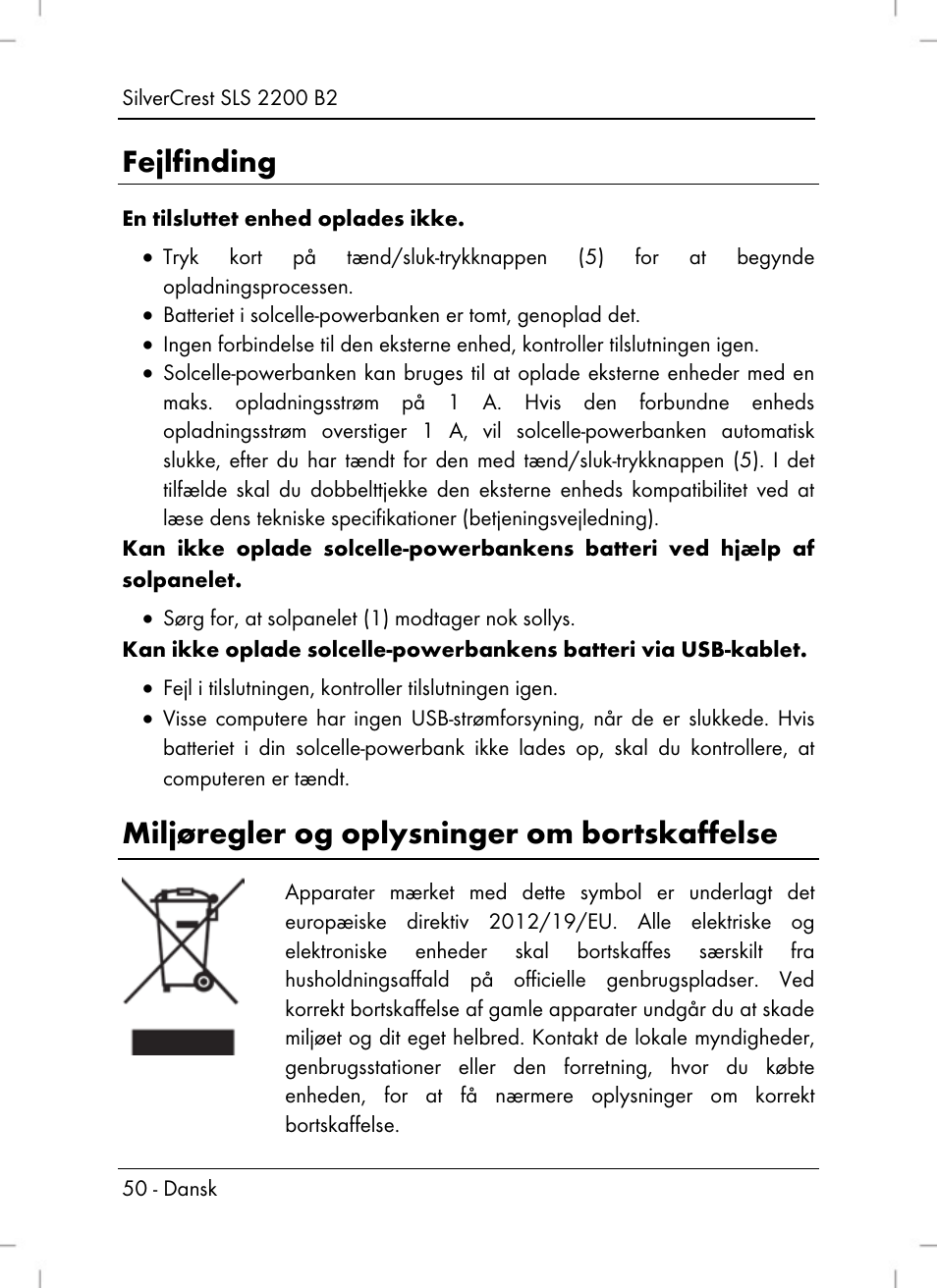 Fejlfinding, Miljøregler og oplysninger om bortskaffelse | Silvercrest SLS 2200 B2 User Manual | Page 52 / 106