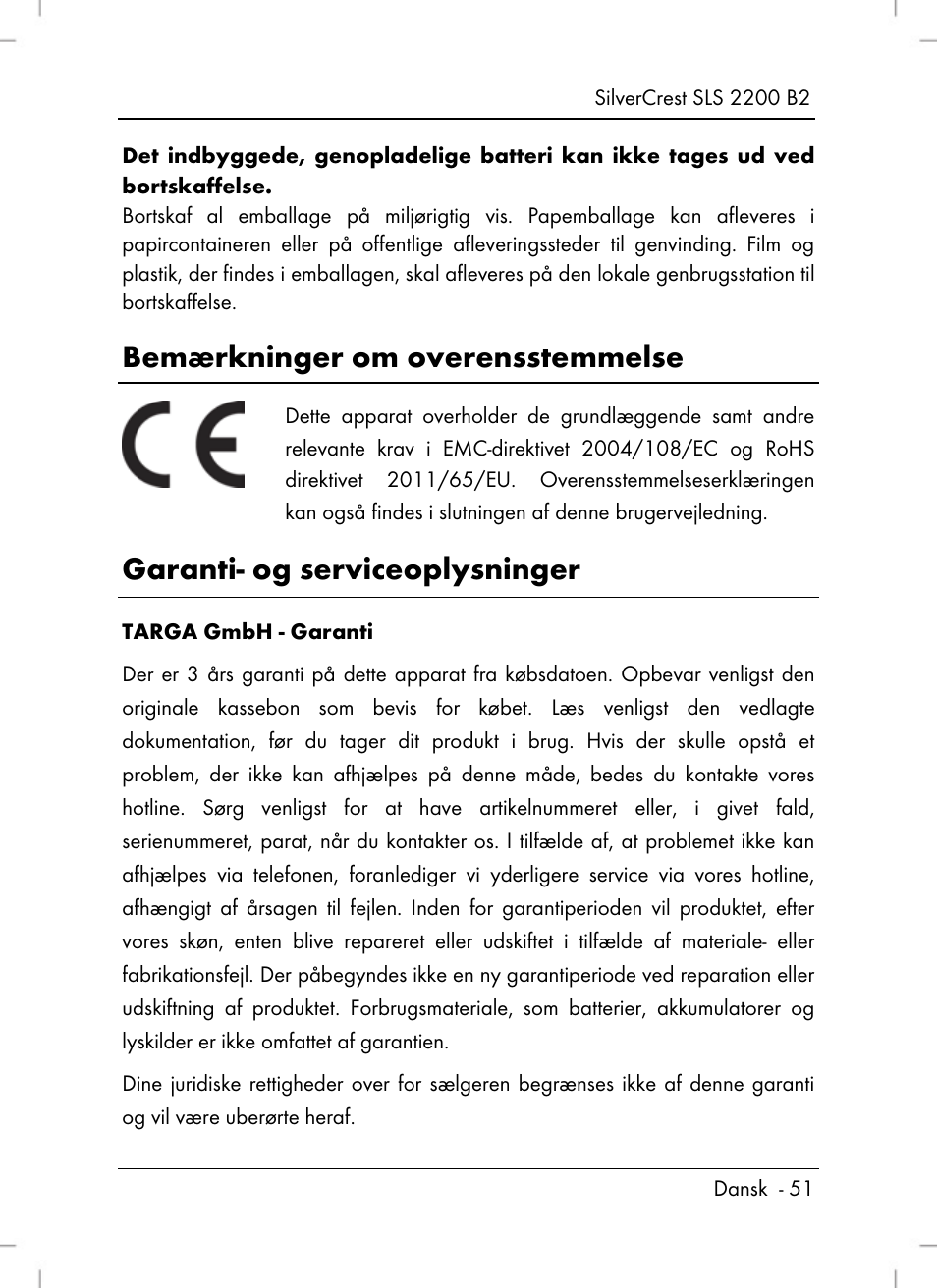 Bemærkninger om overensstemmelse, Garanti- og serviceoplysninger | Silvercrest SLS 2200 B2 User Manual | Page 53 / 106