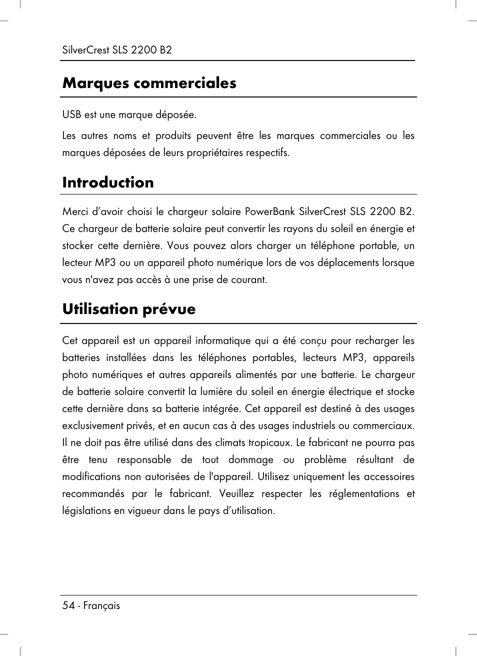 Marques commerciales, Introduction, Utilisation prévue | Silvercrest SLS 2200 B2 User Manual | Page 56 / 106