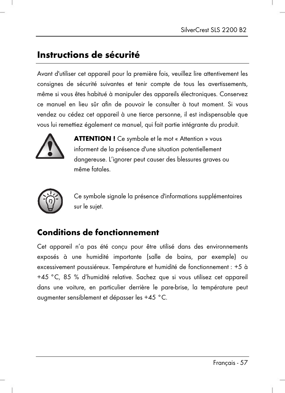 Instructions de sécurité, Conditions de fonctionnement | Silvercrest SLS 2200 B2 User Manual | Page 59 / 106