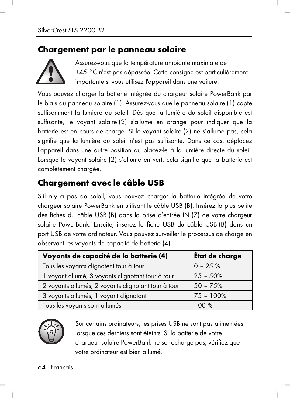 Chargement par le panneau solaire, Chargement avec le câble usb | Silvercrest SLS 2200 B2 User Manual | Page 66 / 106