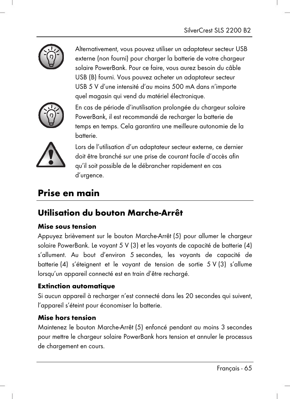 Prise en main, Utilisation du bouton marche-arrêt | Silvercrest SLS 2200 B2 User Manual | Page 67 / 106