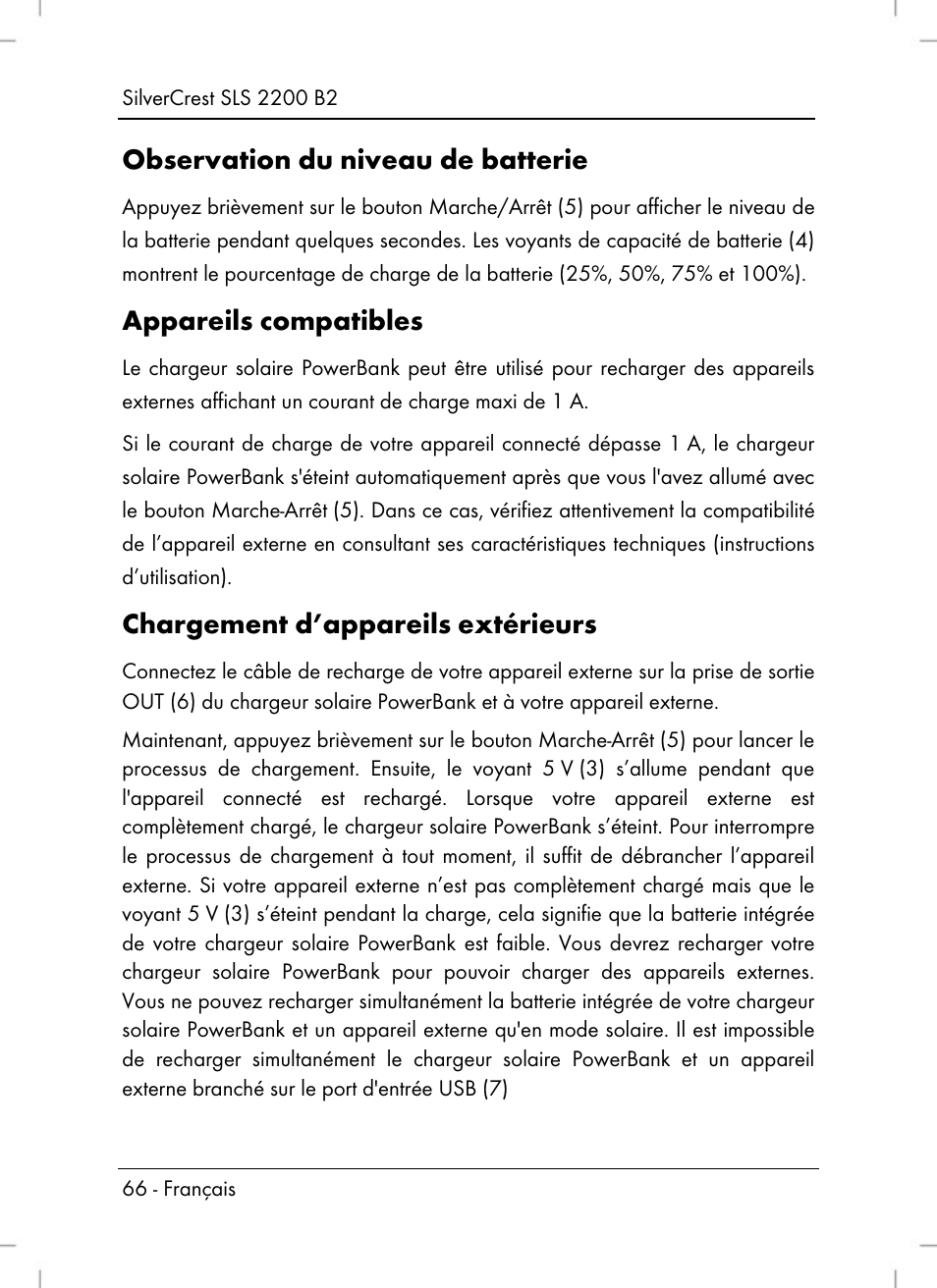 Observation du niveau de batterie, Appareils compatibles, Chargement d’appareils extérieurs | Silvercrest SLS 2200 B2 User Manual | Page 68 / 106