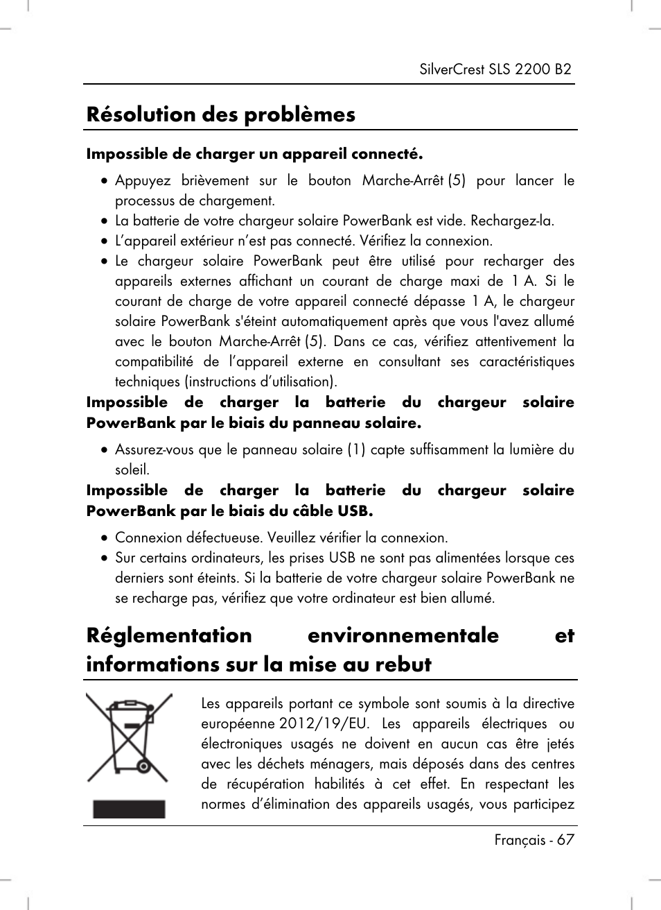 Résolution des problèmes | Silvercrest SLS 2200 B2 User Manual | Page 69 / 106