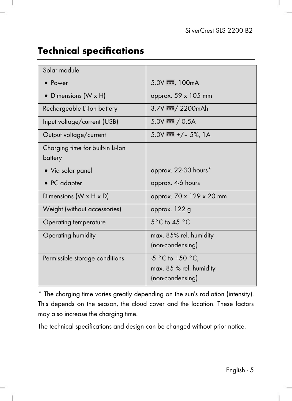 Technical specifications | Silvercrest SLS 2200 B2 User Manual | Page 7 / 106