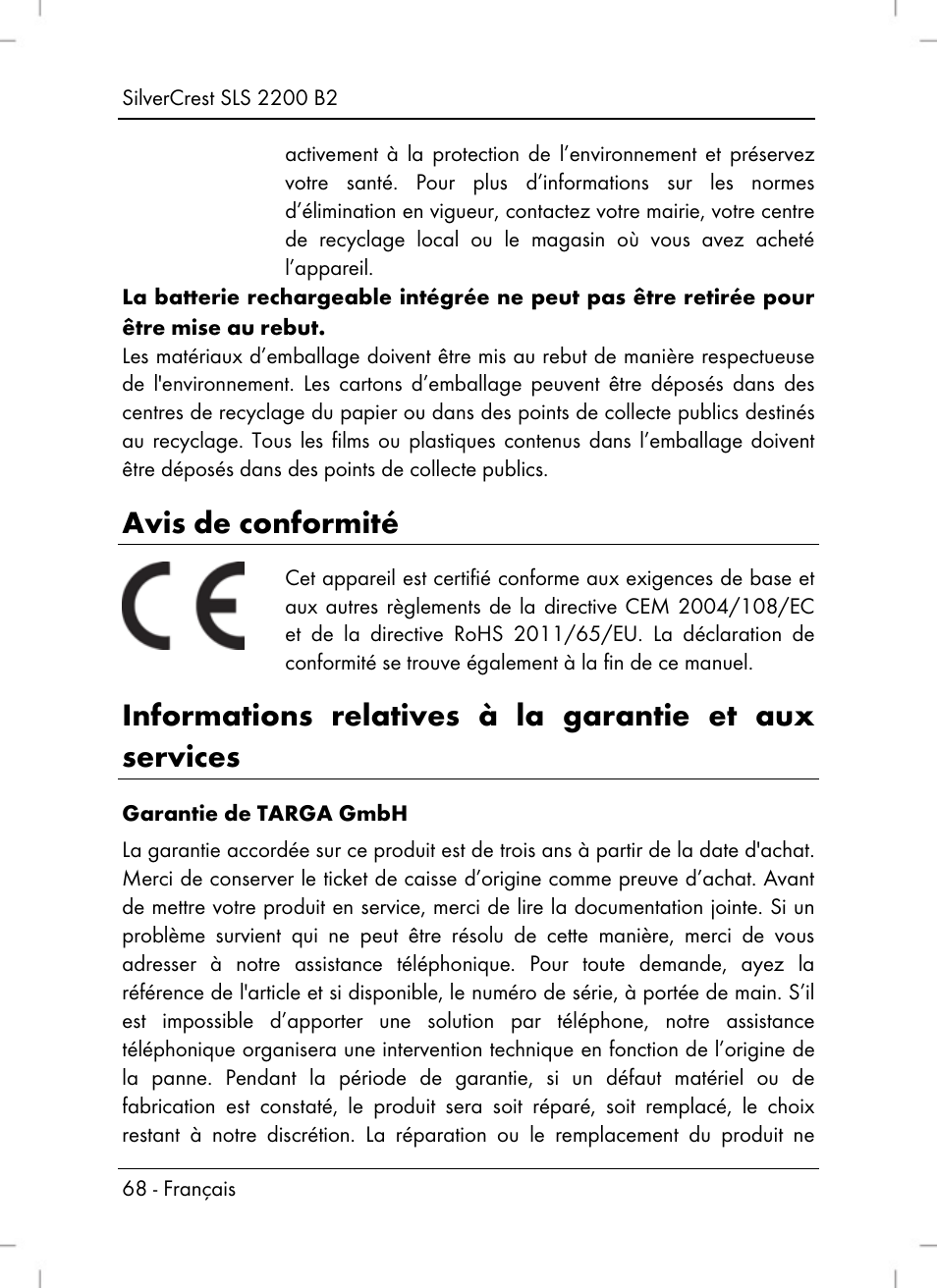 Avis de conformité | Silvercrest SLS 2200 B2 User Manual | Page 70 / 106