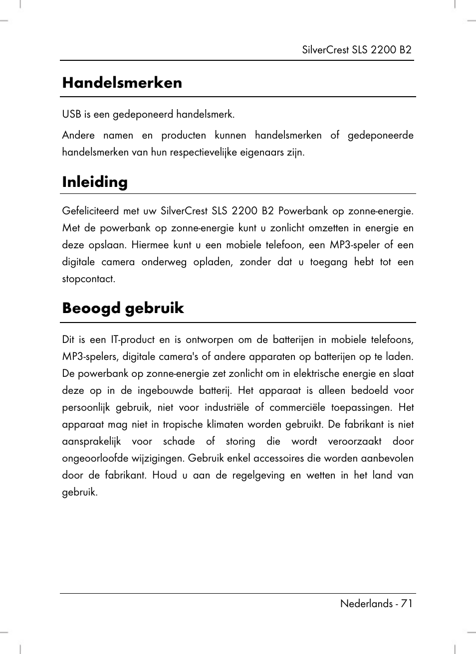 Handelsmerken, Inleiding, Beoogd gebruik | Silvercrest SLS 2200 B2 User Manual | Page 73 / 106