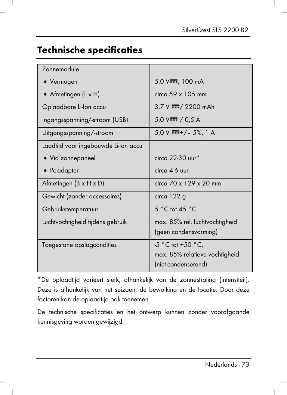 Technische specificaties | Silvercrest SLS 2200 B2 User Manual | Page 75 / 106