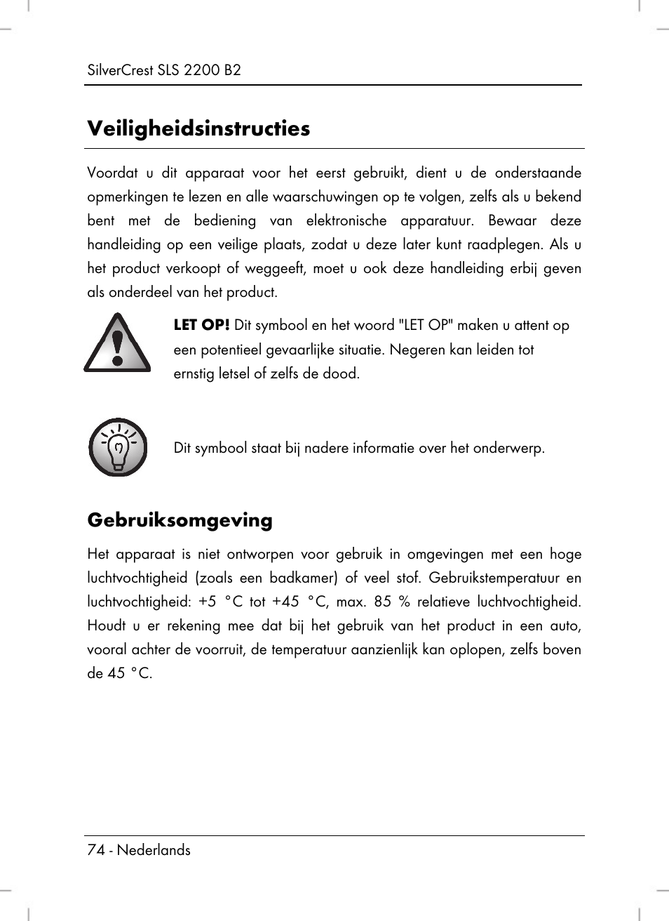 Veiligheidsinstructies, Gebruiksomgeving | Silvercrest SLS 2200 B2 User Manual | Page 76 / 106