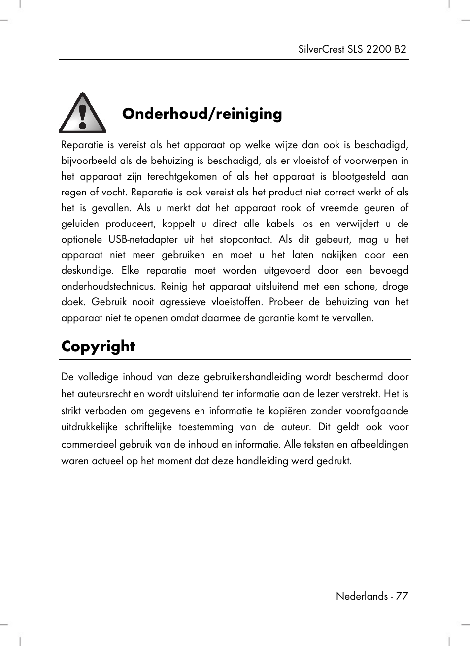 Onderhoud/reiniging, Copyright | Silvercrest SLS 2200 B2 User Manual | Page 79 / 106