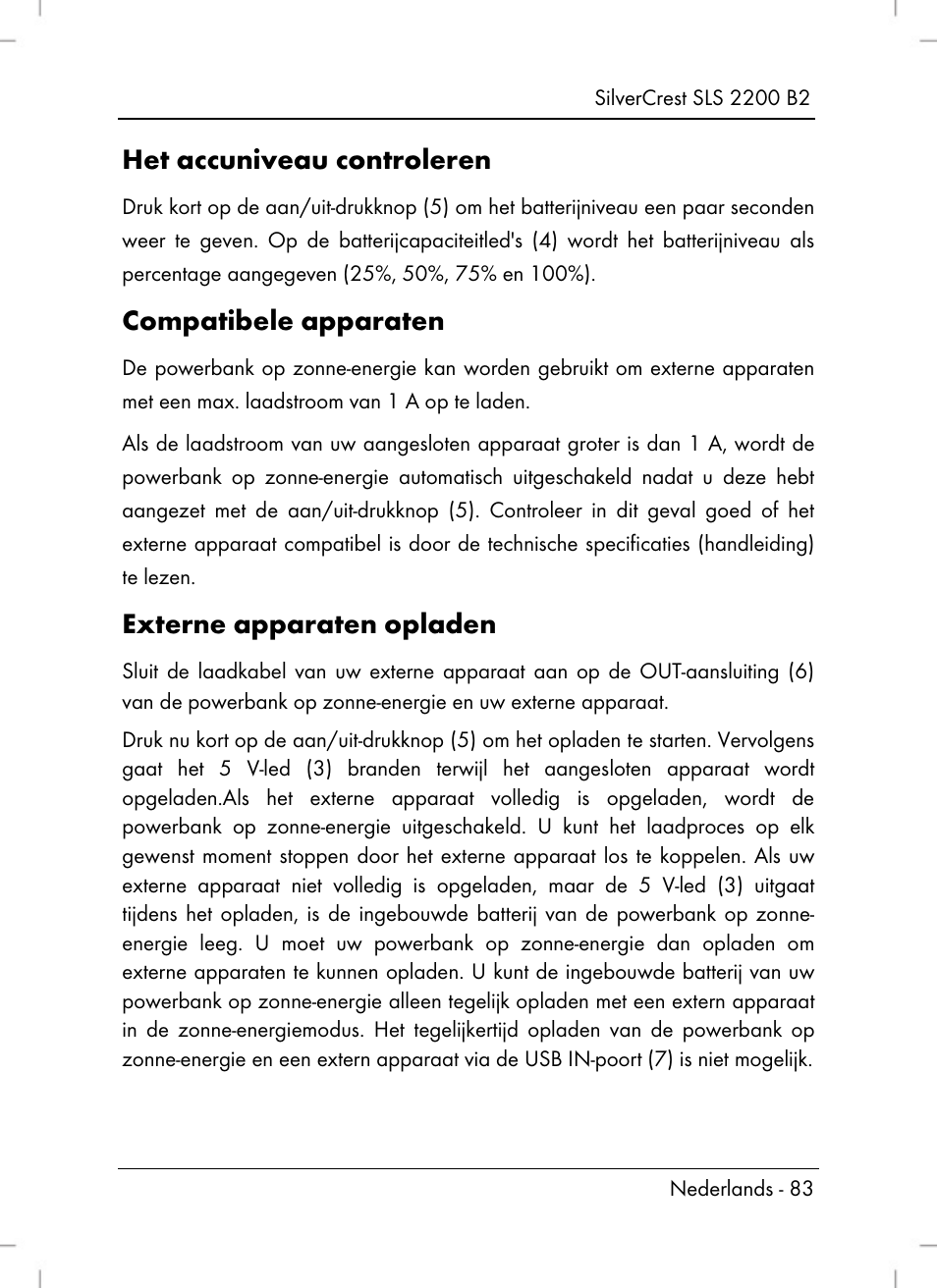 Het accuniveau controleren, Compatibele apparaten, Externe apparaten opladen | Silvercrest SLS 2200 B2 User Manual | Page 85 / 106