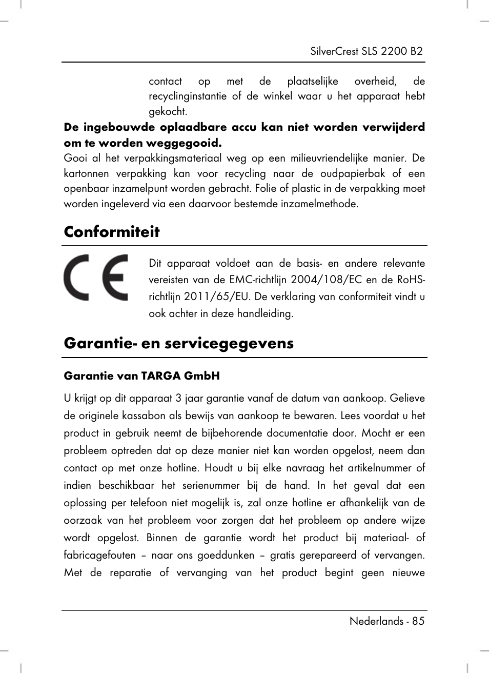 Conformiteit, Garantie- en servicegegevens | Silvercrest SLS 2200 B2 User Manual | Page 87 / 106