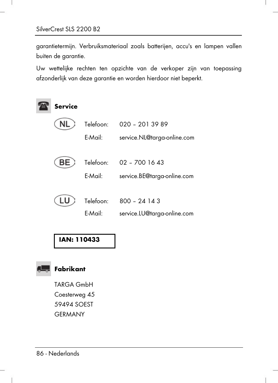Silvercrest SLS 2200 B2 User Manual | Page 88 / 106