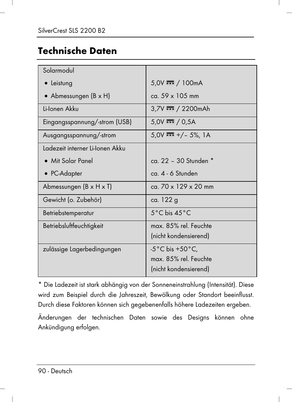 Technische daten | Silvercrest SLS 2200 B2 User Manual | Page 92 / 106