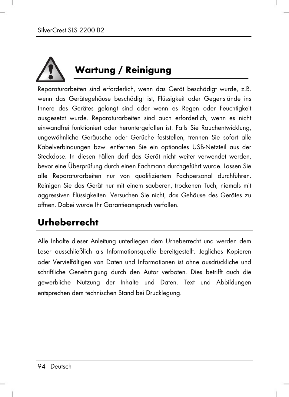 Wartung / reinigung, Urheberrecht | Silvercrest SLS 2200 B2 User Manual | Page 96 / 106