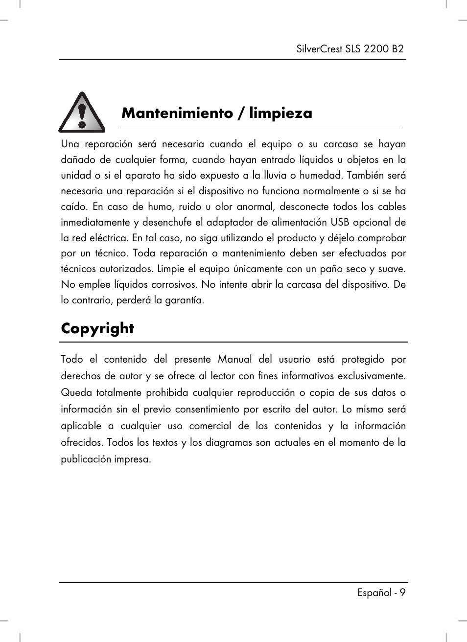 Mantenimiento / limpieza, Copyright | Silvercrest SLS 2200 B2 User Manual | Page 11 / 90