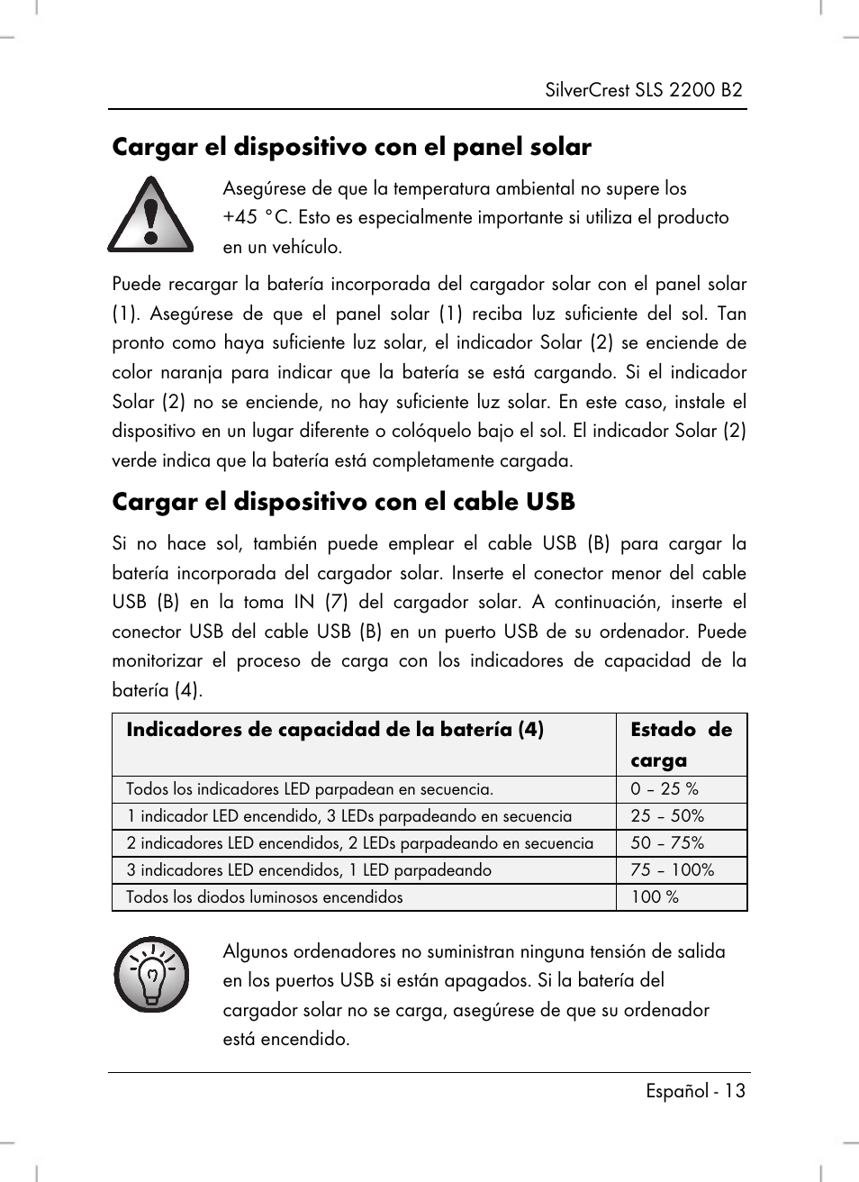 Cargar el dispositivo con el panel solar, Cargar el dispositivo con el cable usb | Silvercrest SLS 2200 B2 User Manual | Page 15 / 90