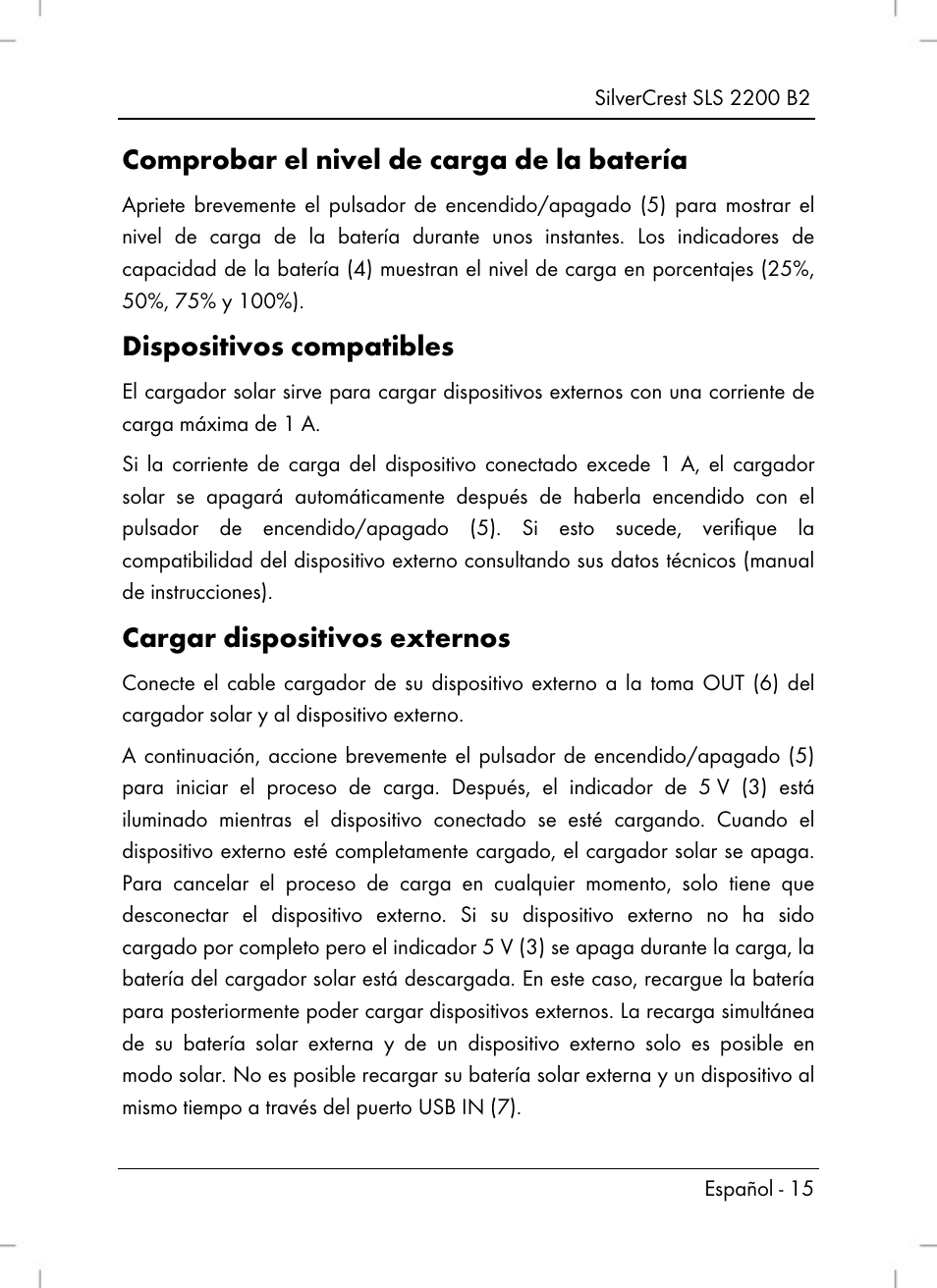 Comprobar el nivel de carga de la batería, Dispositivos compatibles, Cargar dispositivos externos | Silvercrest SLS 2200 B2 User Manual | Page 17 / 90