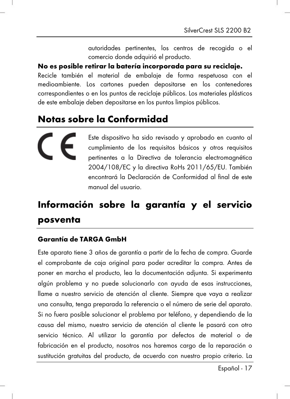 Notas sobre la conformidad | Silvercrest SLS 2200 B2 User Manual | Page 19 / 90