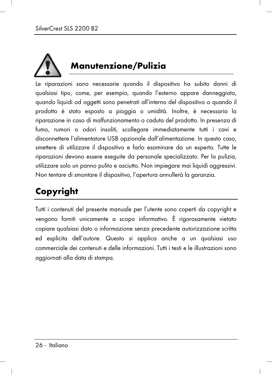 Manutenzione/pulizia, Copyright | Silvercrest SLS 2200 B2 User Manual | Page 28 / 90