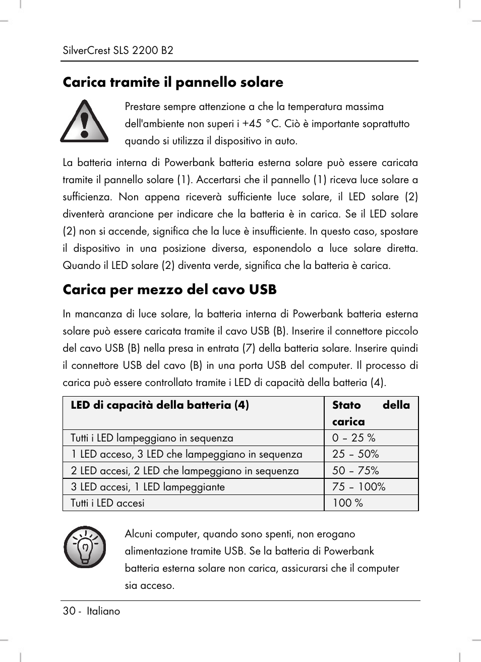 Carica tramite il pannello solare, Carica per mezzo del cavo usb | Silvercrest SLS 2200 B2 User Manual | Page 32 / 90