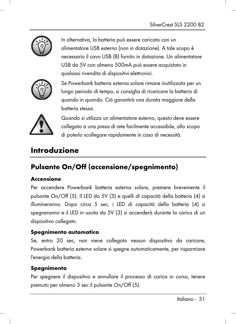 Introduzione, Pulsante on/off (accensione/spegnimento) | Silvercrest SLS 2200 B2 User Manual | Page 33 / 90