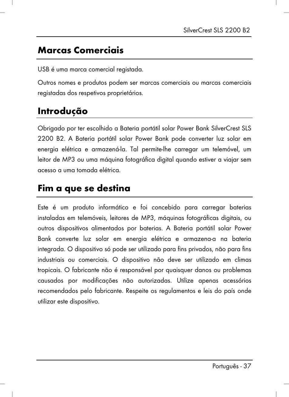 Marcas comerciais, Introdução, Fim a que se destina | Silvercrest SLS 2200 B2 User Manual | Page 39 / 90